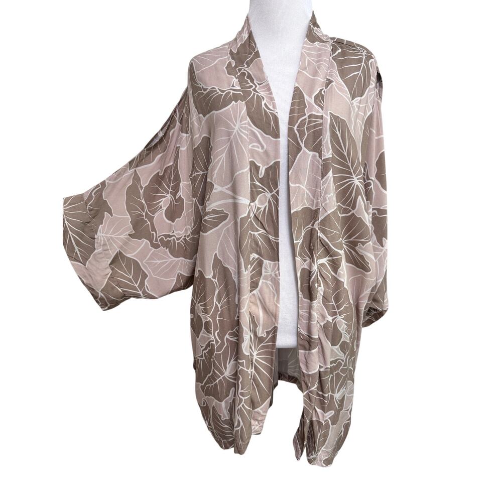 Lexbreezy Womens Open Front Kimono Cardigan Tan Hawaiian Leaf Print